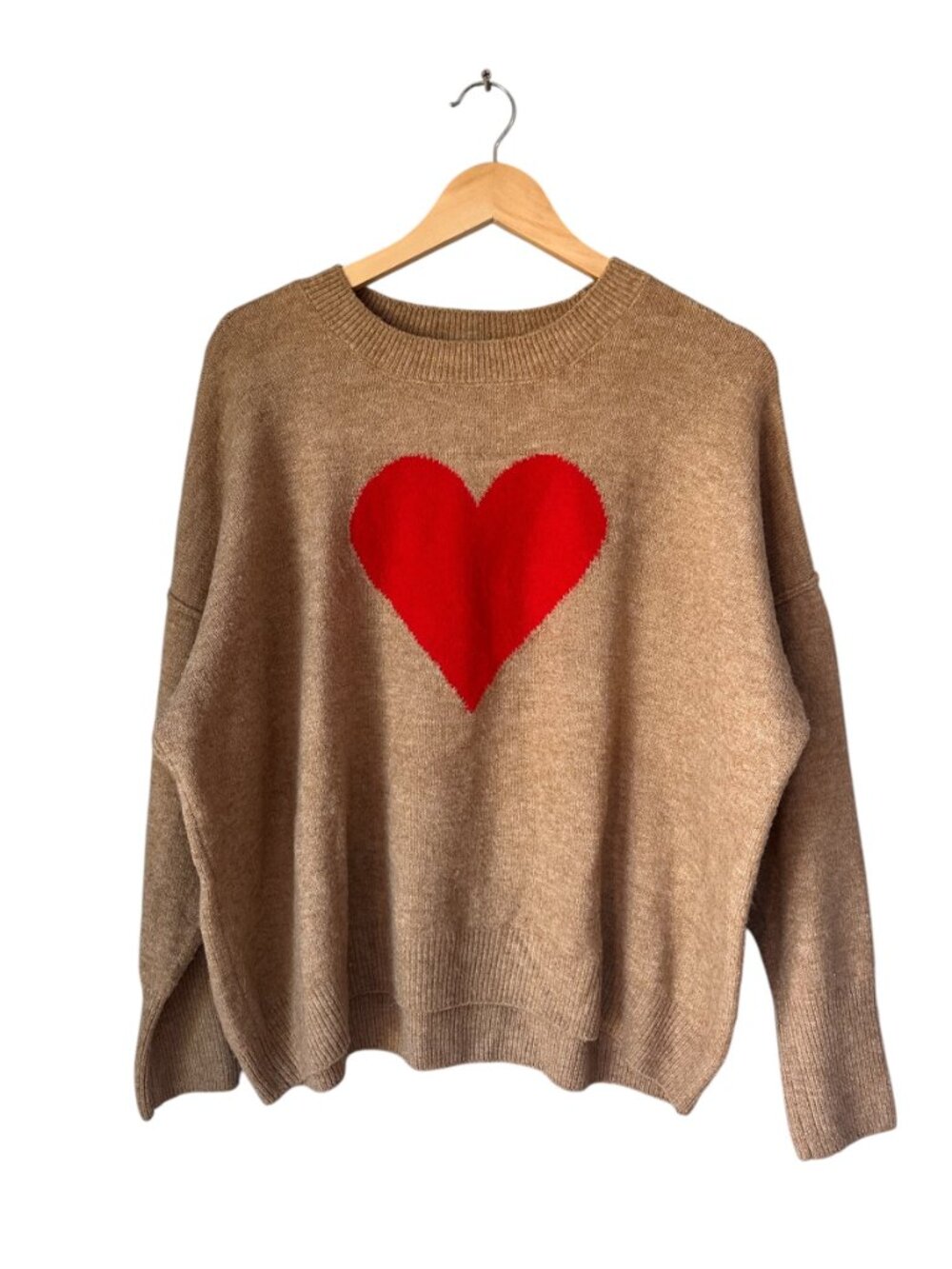 CeCe Oversized Red Heart Sweater Camel Tan, Size Large